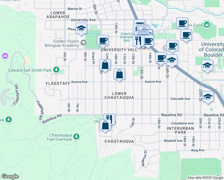 map of restaurants, bars, coffee shops, grocery stores, and more near 970 Aurora Avenue in Boulder