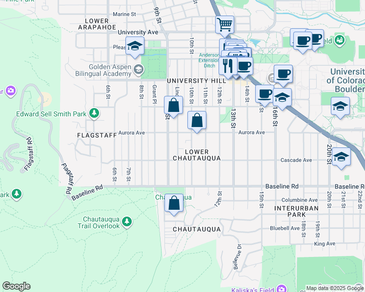 map of restaurants, bars, coffee shops, grocery stores, and more near 970 Aurora Avenue in Boulder