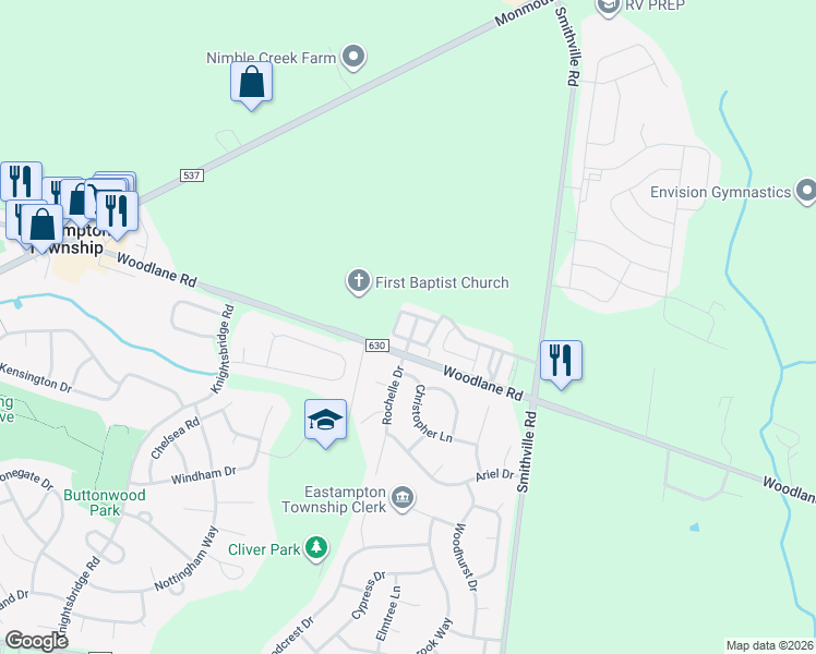 map of restaurants, bars, coffee shops, grocery stores, and more near 1345 Woodlane Road in Mount Holly