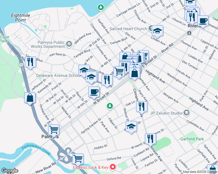 map of restaurants, bars, coffee shops, grocery stores, and more near 448 Delaware Avenue in Palmyra