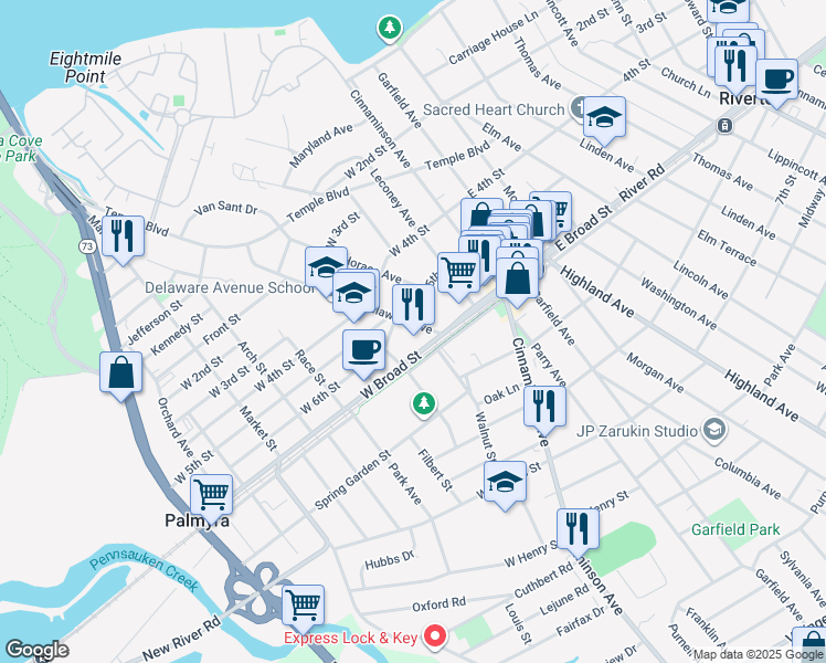 map of restaurants, bars, coffee shops, grocery stores, and more near 448 Delaware Avenue in Palmyra
