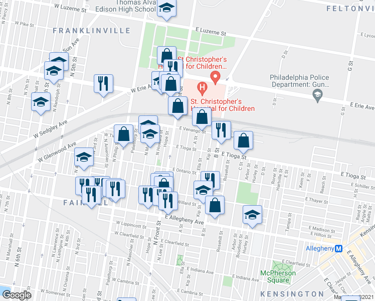 map of restaurants, bars, coffee shops, grocery stores, and more near 3517 North Lee Street in Philadelphia