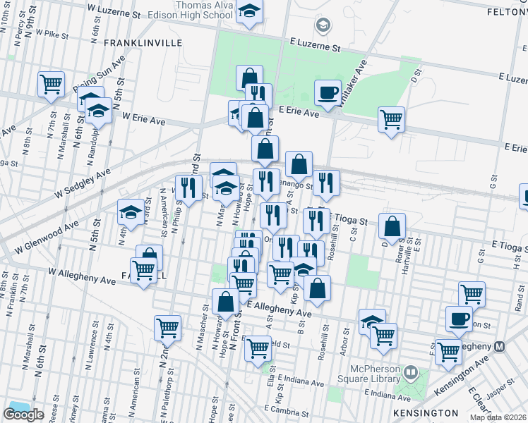 map of restaurants, bars, coffee shops, grocery stores, and more near 3517 North Lee Street in Philadelphia