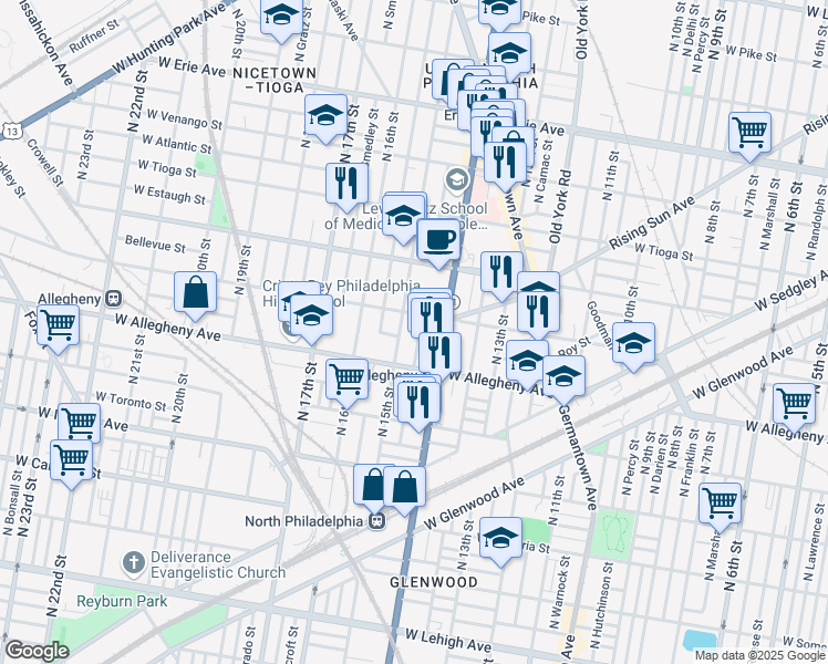 map of restaurants, bars, coffee shops, grocery stores, and more near 3300 North 15th Street in Philadelphia