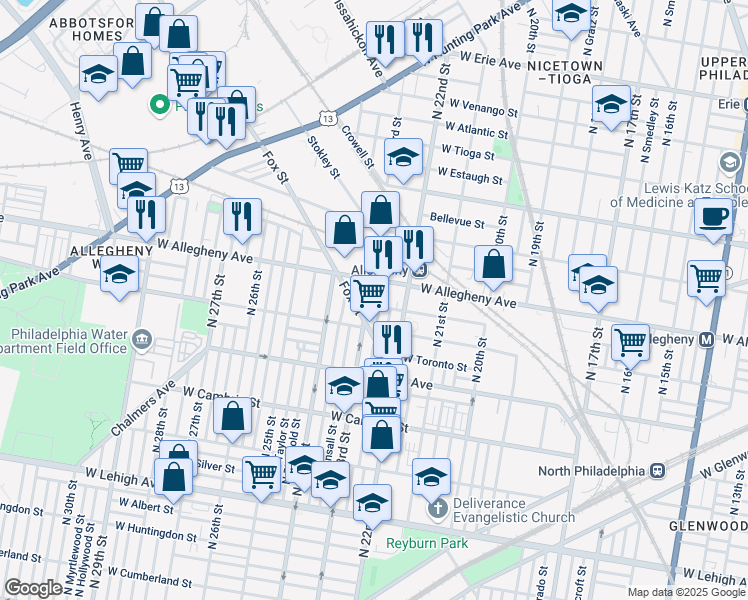 map of restaurants, bars, coffee shops, grocery stores, and more near 2315 West Allegheny Avenue in Philadelphia