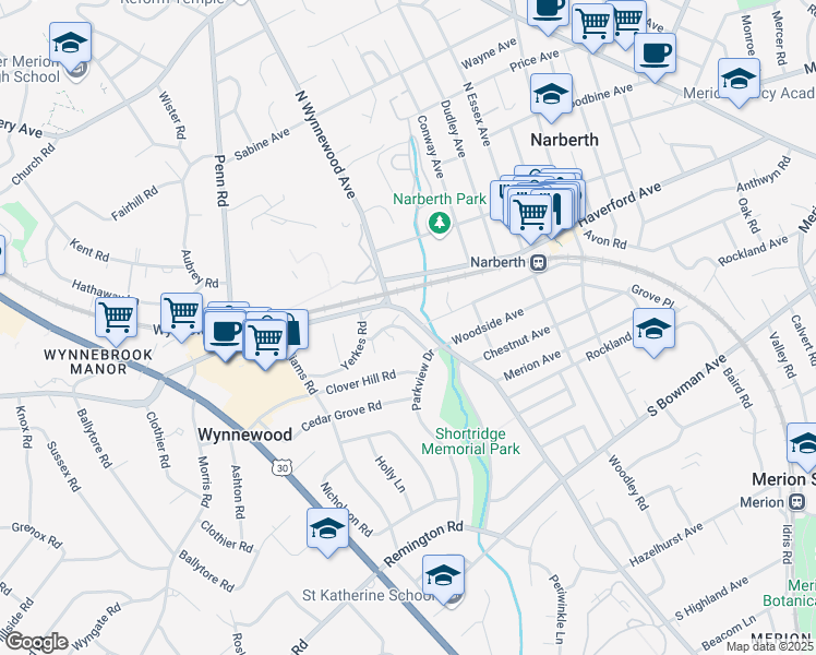 map of restaurants, bars, coffee shops, grocery stores, and more near 250 East Wynnewood Road in Wynnewood