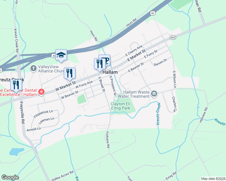 map of restaurants, bars, coffee shops, grocery stores, and more near 123 South Prospect Street in Hallam