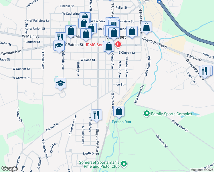 map of restaurants, bars, coffee shops, grocery stores, and more near 135 West Garrett Street in Somerset