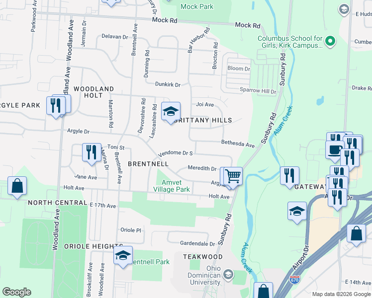 map of restaurants, bars, coffee shops, grocery stores, and more near 1675 Bar Harbor Road in Columbus