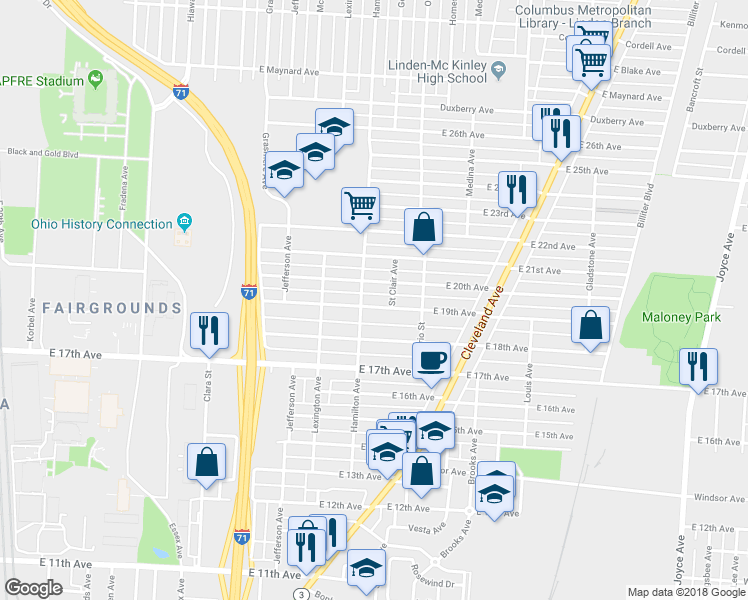 map of restaurants, bars, coffee shops, grocery stores, and more near 1106 East 20th Avenue in Columbus