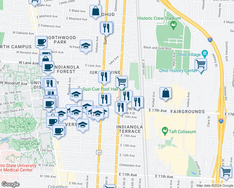 map of restaurants, bars, coffee shops, grocery stores, and more near 336 East 19th Avenue in Columbus