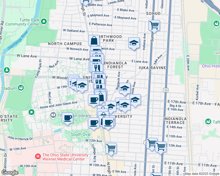 map of restaurants, bars, coffee shops, grocery stores, and more near 60 East 18th Avenue in Columbus