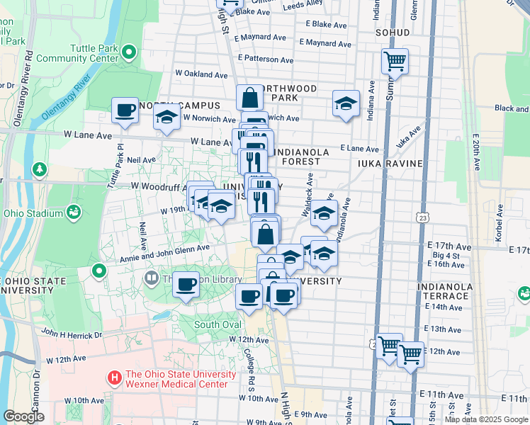 map of restaurants, bars, coffee shops, grocery stores, and more near in Columbus