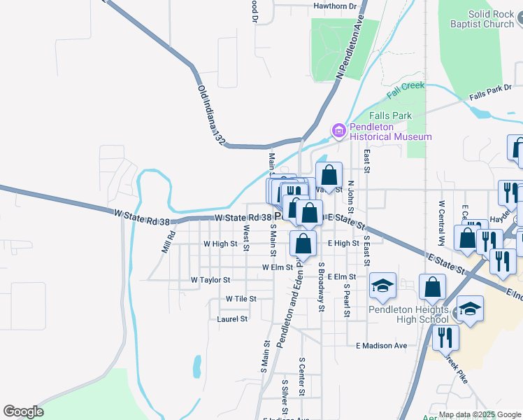 map of restaurants, bars, coffee shops, grocery stores, and more near 125 Main Street in Pendleton