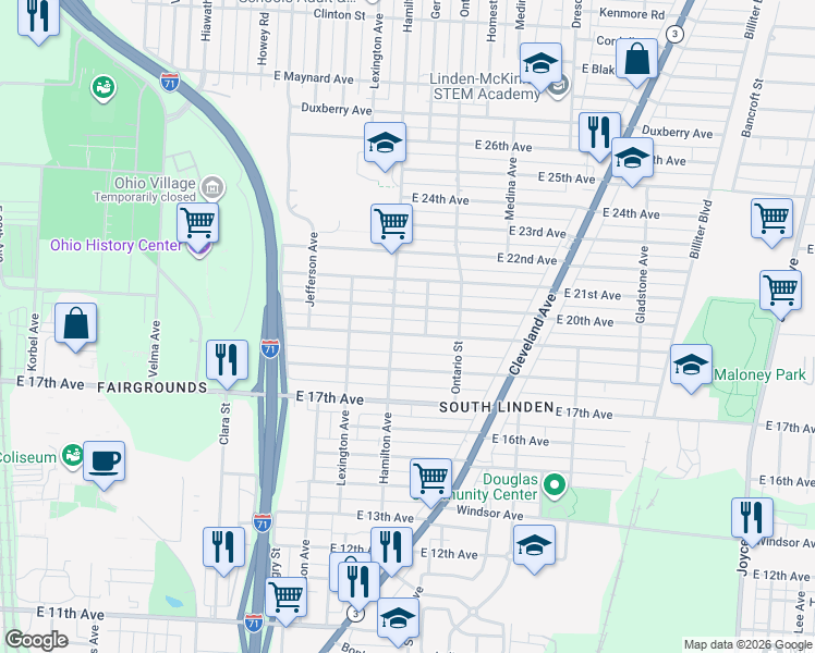 map of restaurants, bars, coffee shops, grocery stores, and more near 1106 East 20th Avenue in Columbus