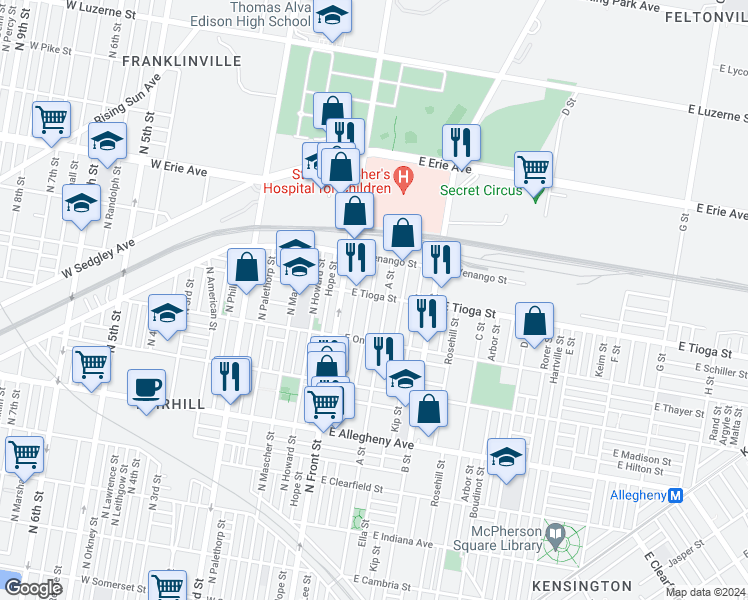 map of restaurants, bars, coffee shops, grocery stores, and more near 128 East Tioga Street in Philadelphia