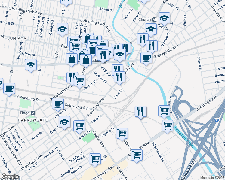 map of restaurants, bars, coffee shops, grocery stores, and more near 3859 Frankford Avenue in Philadelphia