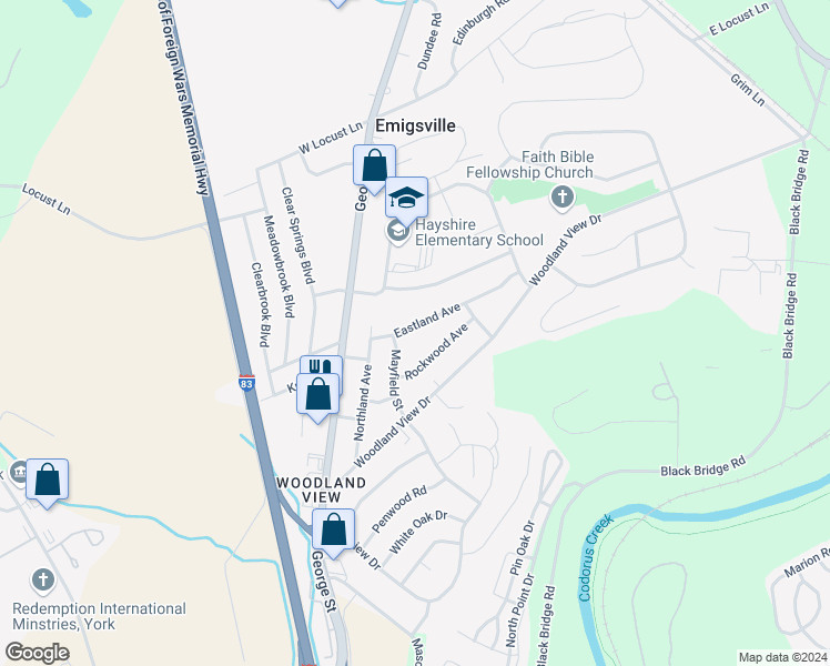 map of restaurants, bars, coffee shops, grocery stores, and more near 152 Eastland Avenue in York