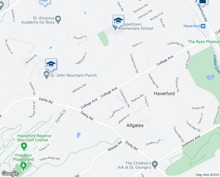 map of restaurants, bars, coffee shops, grocery stores, and more near 108 College Avenue in Haverford