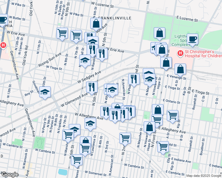 map of restaurants, bars, coffee shops, grocery stores, and more near 3408 North Orianna Street in Philadelphia