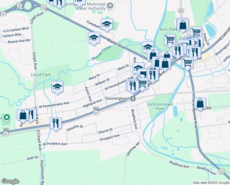 map of restaurants, bars, coffee shops, grocery stores, and more near 249 Highland Avenue in Downingtown