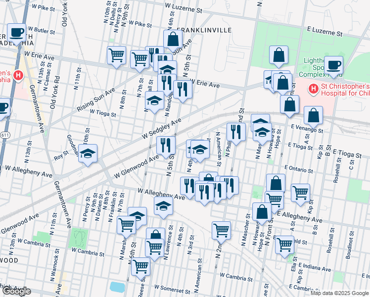 map of restaurants, bars, coffee shops, grocery stores, and more near 435 West Ontario Street in Philadelphia