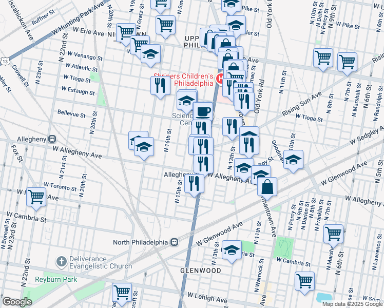 map of restaurants, bars, coffee shops, grocery stores, and more near 3240 North Carlisle Street in Philadelphia
