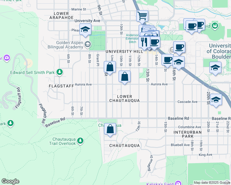 map of restaurants, bars, coffee shops, grocery stores, and more near 970 Aurora Avenue in Boulder