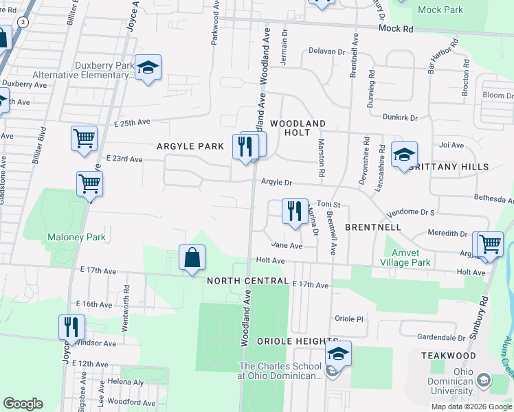 map of restaurants, bars, coffee shops, grocery stores, and more near 1710 Woodland Avenue in Columbus