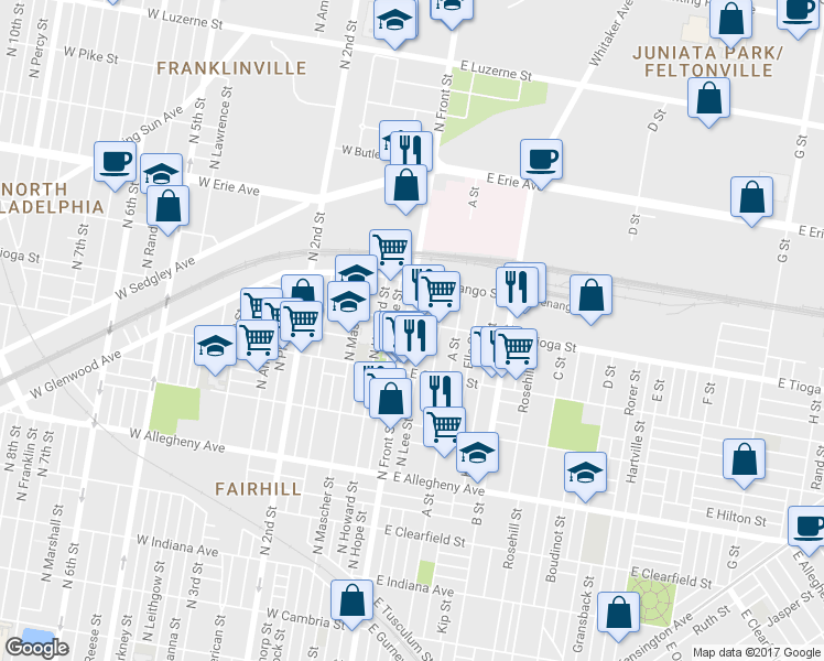 map of restaurants, bars, coffee shops, grocery stores, and more near 3457 North Front Street in Philadelphia