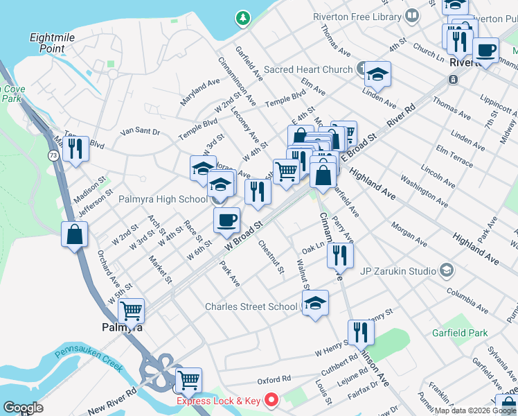 map of restaurants, bars, coffee shops, grocery stores, and more near 448 Delaware Avenue in Palmyra