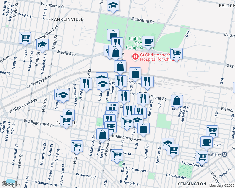 map of restaurants, bars, coffee shops, grocery stores, and more near 3457 North Front Street in Philadelphia