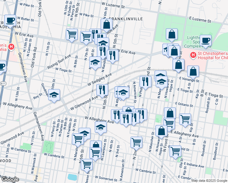 map of restaurants, bars, coffee shops, grocery stores, and more near 435 West Ontario Street in Philadelphia