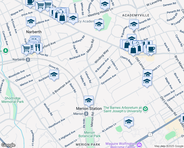 map of restaurants, bars, coffee shops, grocery stores, and more near 354 Merion Road in Merion Station