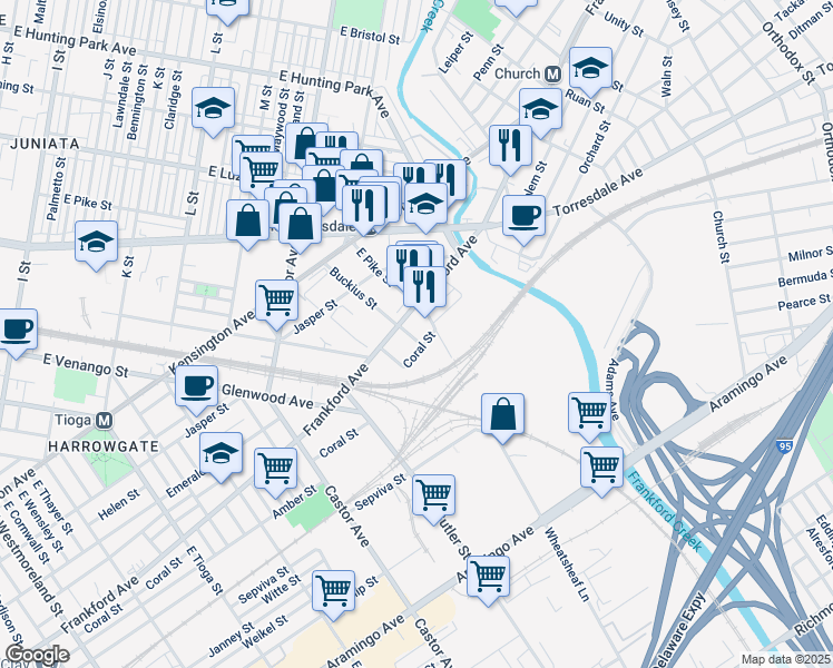 map of restaurants, bars, coffee shops, grocery stores, and more near 2023 Buckius Street in Philadelphia