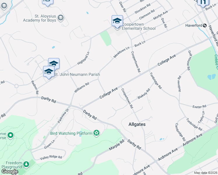 map of restaurants, bars, coffee shops, grocery stores, and more near 108 College Avenue in Haverford