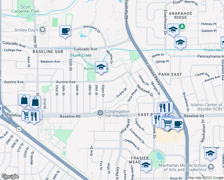 map of restaurants, bars, coffee shops, grocery stores, and more near 4020 Aurora Avenue in Boulder