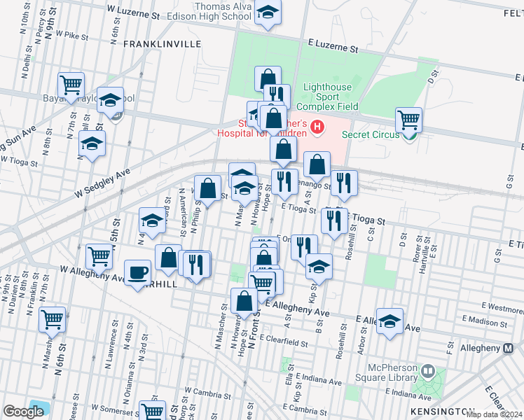 map of restaurants, bars, coffee shops, grocery stores, and more near 3456 North Hope Street in Philadelphia