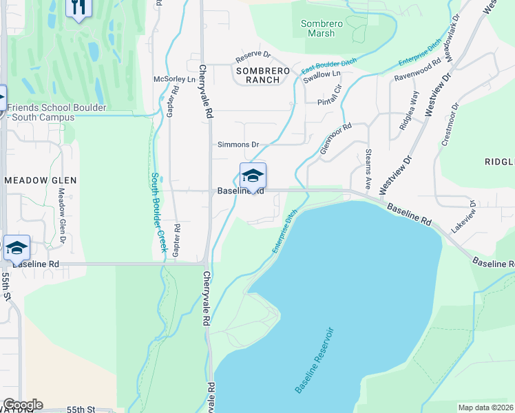 map of restaurants, bars, coffee shops, grocery stores, and more near 6096 Baseline Road in Boulder