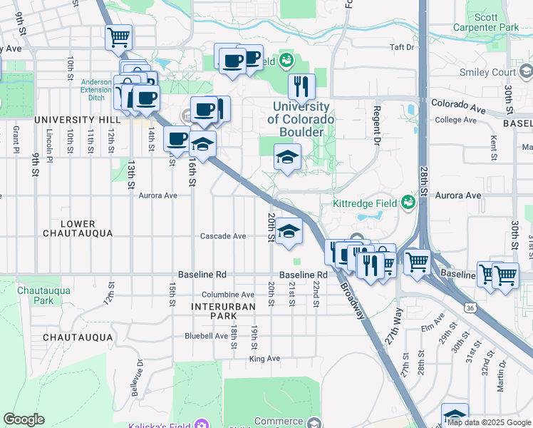 map of restaurants, bars, coffee shops, grocery stores, and more near 851 20th Street in Boulder