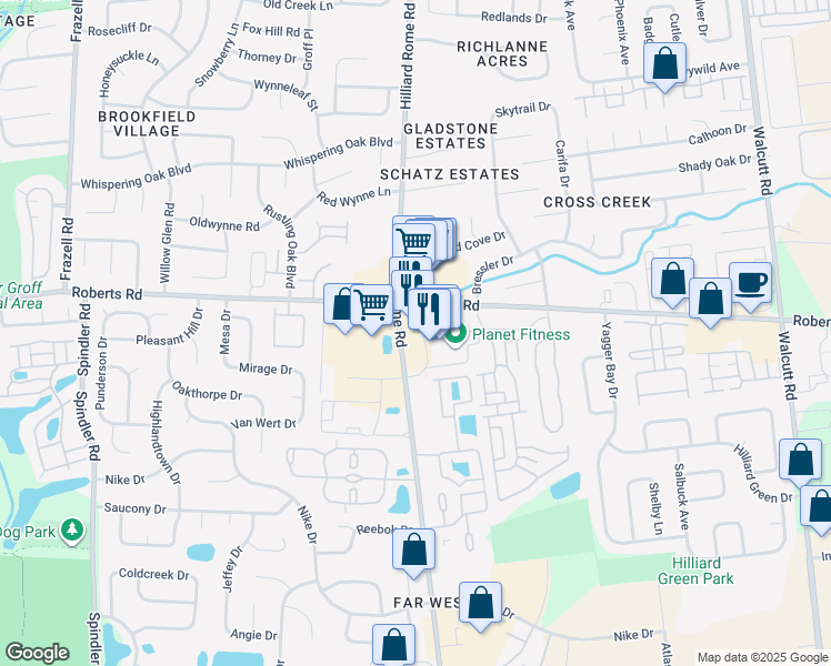 map of restaurants, bars, coffee shops, grocery stores, and more near 5397 Roberts Road in Hilliard