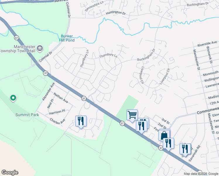 map of restaurants, bars, coffee shops, grocery stores, and more near 1053A Buckingham Drive in Manchester Township