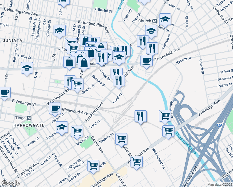 map of restaurants, bars, coffee shops, grocery stores, and more near 2023 Buckius Street in Philadelphia
