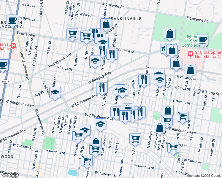 map of restaurants, bars, coffee shops, grocery stores, and more near 456 West Glenwood Avenue in Philadelphia