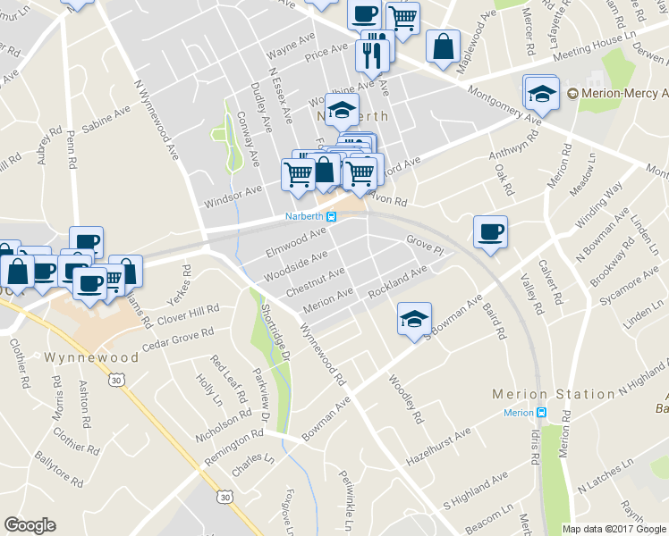 map of restaurants, bars, coffee shops, grocery stores, and more near 125 Chestnut Avenue in Narberth