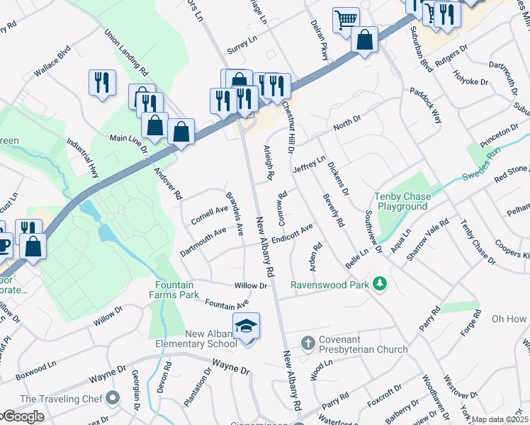 map of restaurants, bars, coffee shops, grocery stores, and more near 2204 New Albany Road in Cinnaminson