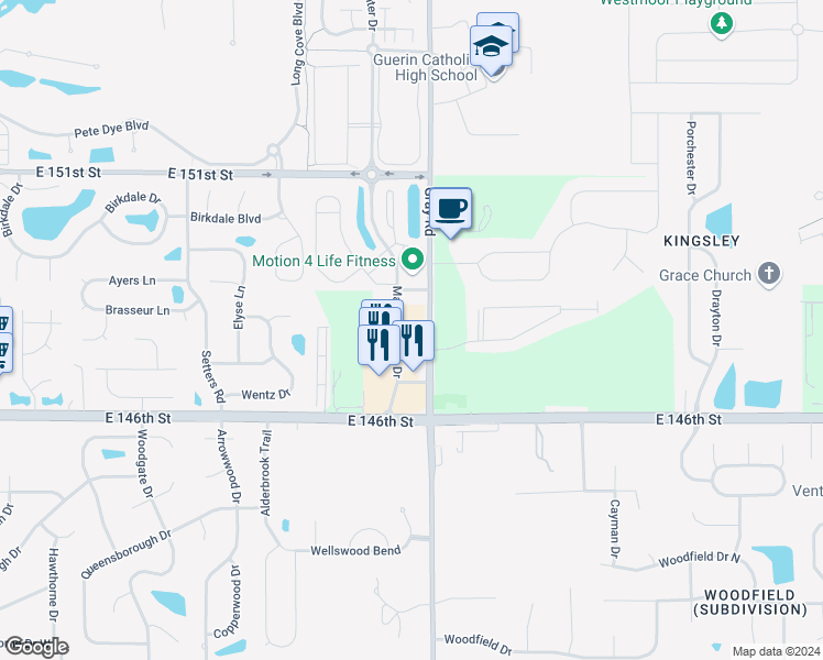 map of restaurants, bars, coffee shops, grocery stores, and more near 14709 Gray Road in Westfield