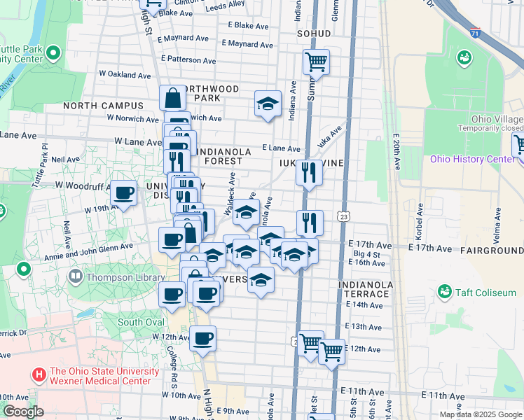 map of restaurants, bars, coffee shops, grocery stores, and more near 1957 Indianola Avenue in Columbus