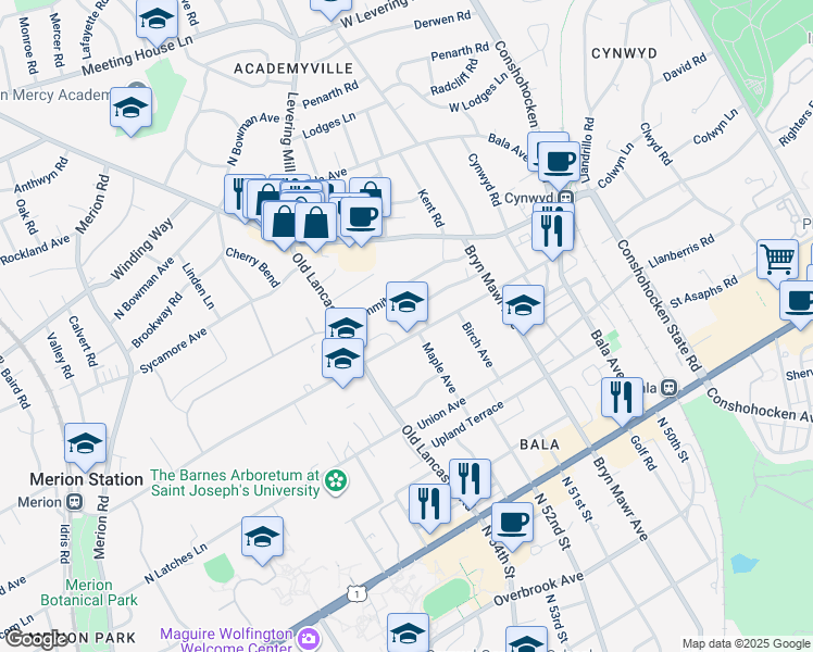 map of restaurants, bars, coffee shops, grocery stores, and more near 141 North Highland Avenue in Bala Cynwyd