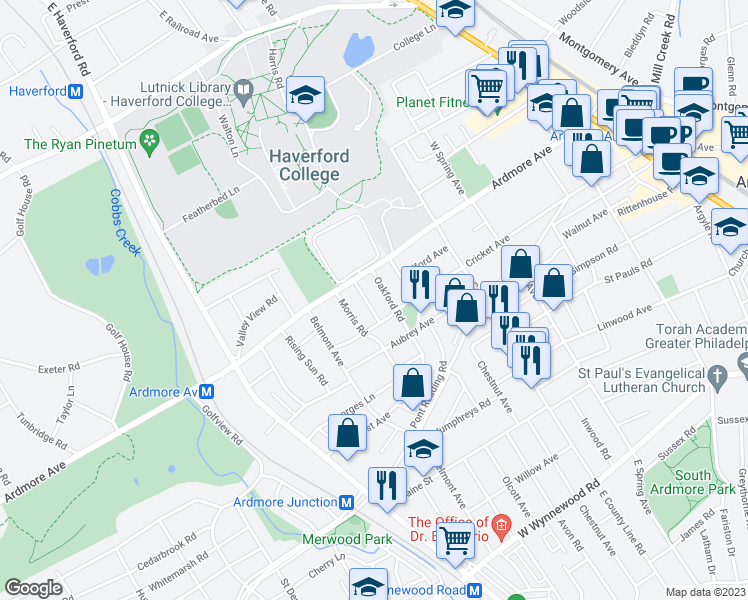 map of restaurants, bars, coffee shops, grocery stores, and more near 2935 Berkley Road in Ardmore